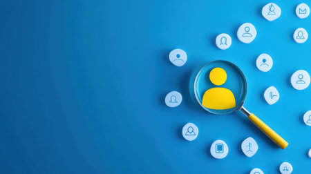 A magnifying glass emphasizes a user icon on a blue background, representing themes of digital networking, social media engagement, and community interaction in a modern context.の素材