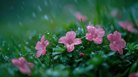A stunning closeup of pink flowers nestled in lush green grass, glistening with raindrops, showcasing the beauty of nature and tranquility in an outdoor environment.の素材