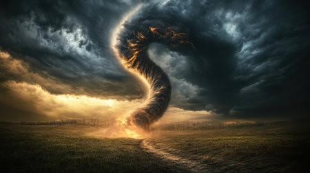 A powerful tornado twists dramatically through dark storm clouds, showcasing the intensity of nature's fury over a serene meadow, capturing a breathtaking moment in inclement weather.の素材