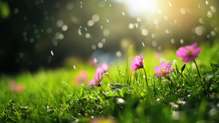 A serene scene featuring vibrant pink flowers glistening in the rain, surrounded by lush green grass and softened by magical sunlight, capturing the essence of refreshing beauty in nature.の素材