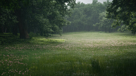 A serene landscape featuring lush green grass and wildflowers beneath gentle rain in a picturesque natural setting, evoking tranquility and peace.の素材