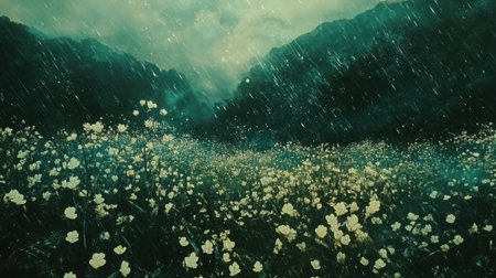 A breathtaking scene depicting a vast field of white flowers under gentle rain, with distant mountains shrouded in dark clouds, evoking a sense of tranquility and natural beauty.の素材