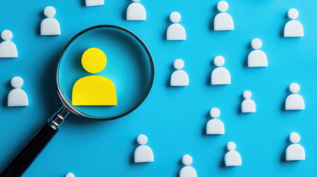 A magnifying glass highlights a unique individual among generic icons, illustrating concepts of individuality, selection, and focus in a modern, vibrant design suitable for various creative projects.の素材