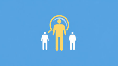 A vibrant illustration featuring human figures with a magnifying glass to symbolize research, analysis, and teamwork on a blue background, suitable for business contexts.の素材