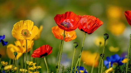A stunning display of vibrant poppies featuring bright yellow, red, and blue flowers, set against a lush background, evoking the beauty and charm of nature during springtime.の素材