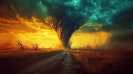 A powerful tornado spins dramatically over a desolate landscape at sunset, illuminating the sky with vivid colors, showcasing nature's incredible force and beauty.の素材
