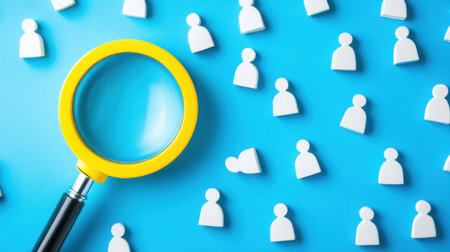 A bright blue background features a magnifying glass next to white silhouettes, illustrating ideas of research, analysis, and insights into individual and team dynamics.の素材