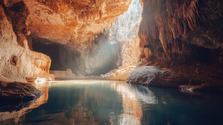 Discover the serene beauty of an underground cave with glistening water and unique rock formations, illuminated by soft natural light streaming through an opening.の素材
