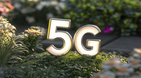An artistic representation of the future of communication, showcasing a glowing 5G sign amidst a beautiful garden, symbolizing connectivity and technological advancement.の素材
