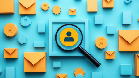 Colorful digital elements showcasing a user profile icon in a magnified view, representing modern communication and connection in the workspace with vibrant graphic design.の素材
