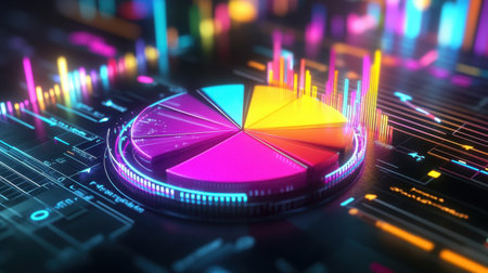 A stunning depiction of a digital pie chart in vibrant colors, set against a modern data visualization background, representing advanced analytics and insights in business contexts.の素材