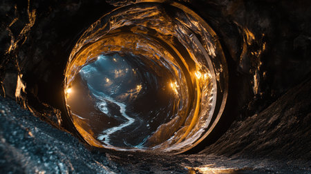 An enchanting view of an underground tunnel with gentle lights illuminating its surface and a tranquil water flow, evoking a sense of mystery and adventure in nature.の素材