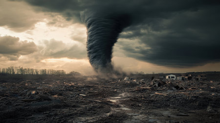 A powerful tornado spirals down from dark clouds, creating a scene of devastation on the ground below with scattered debris and a stormy atmosphere.の素材