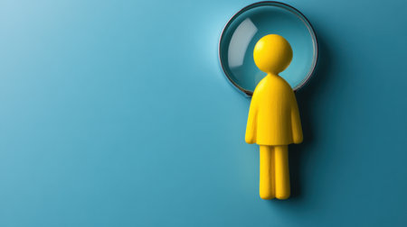 A conceptual image featuring a yellow figure positioned under a magnifying glass on a blue background, representing examination and creativity in a visually engaging way.の素材