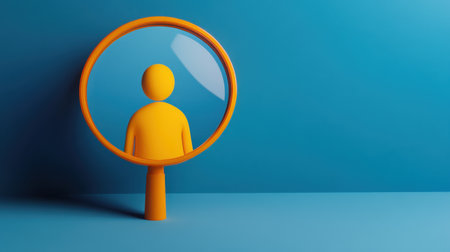 A vibrant 3D illustration featuring a yellow character inside a magnifying glass on a blue background, symbolizing exploration, analysis, and the quest for knowledge.の素材