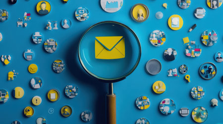 A creative representation of digital communication featuring a magnifying glass highlighting a yellow envelope, surrounded by various colorful icons symbolizing technology and networking.の素材