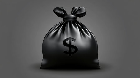This image features a glossy black bag adorned with a dollar sign, representing financial wealth and prosperity, perfect for finance-related themes and artistic projects.の素材