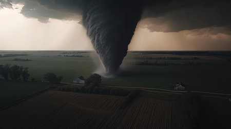 A stunning aerial view of a tornado forming over a vast rural area, illustrating the overwhelming power and beauty of severe weather amidst dark, swirling clouds.の素材