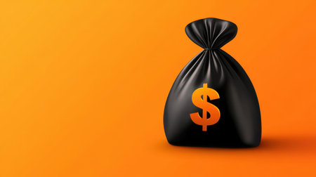 A striking black money bag featuring a prominent dollar sign rests against a bright orange background, symbolizing wealth and financial concepts for business-themed projects.の素材