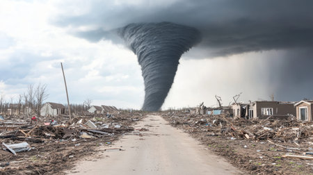 A powerful tornado ravages a rural neighborhood, leaving destruction in its wake. Dark storm clouds loom ominously above, emphasizing the chaos created by natureの素材