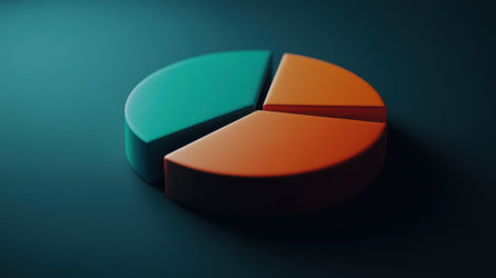 This modern 3D pie chart features vibrant teal and orange sections ideal for illustrating data insights in financial, business, or educational presentations.の素材