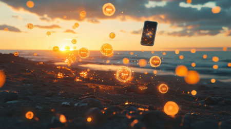 A smartphone floats above a serene beach at sunset, surrounded by luminous social media icons, capturing the essence of modern communication amid natureの素材
