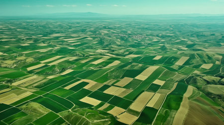 Expansive aerial view showcasing diverse agricultural land with vibrant green fields and intricate patterns under a bright clear sky, emphasizing the beauty of rural landscapes.の素材