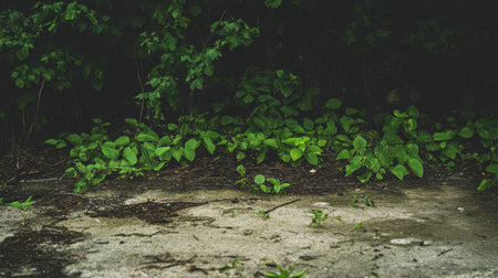 Beautiful green plants thrive next to a weathered concrete surface, showcasing the resilience of nature in an urban setting, with contrasting textures and colors.の素材