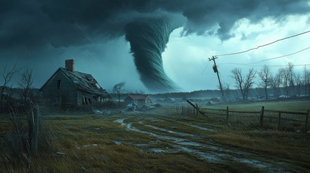 A powerful tornado looms over a desolate rural landscape, highlighting the contrast between nature's fury and the tranquility of abandoned farms under dark, brooding skies.の素材