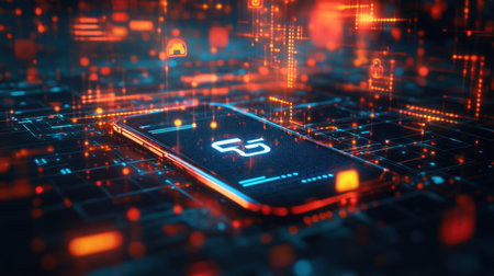 This digital artwork showcases a smartphone amidst a vibrant display of data connections and symbols, representing the essence of modern communication and technology.の素材