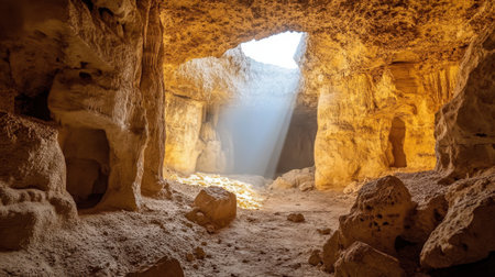 A stunning view of a cave's interior featuring sunlight streaming through an opening, casting warm light on rocky surfaces, creating a serene and magical atmosphere in nature.の素材