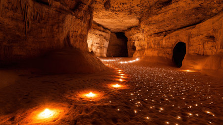 Explore a tranquil underground cavern featuring a stunning pathway illuminated by soft lights, surrounded by unique rock formations and warm sandy textures, inviting adventure and inspiration.の素材
