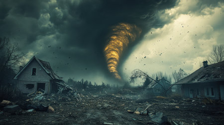 An intense tornado twists through a desolate landscape, shattering homes and creating chaos. Dark clouds loom ominously above, highlighting the power of nature in this dramatic scene.の素材