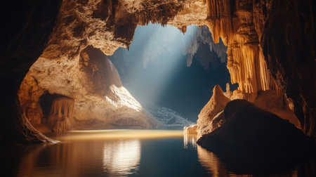A stunning underground cave showcasing elegant stalactites and a calm water surface, beautifully illuminated by sun rays. Ideal for nature and travel enthusiasts.の素材