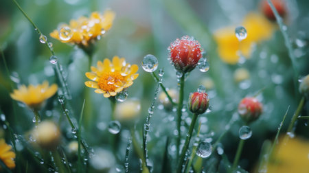 A captivating close-up image of vibrant flowers with glistening raindrops, highlighting the beauty of nature in an enchanting garden setting after rainfall.の素材