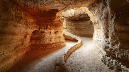 Explore the enchanting beauty of an underground canyon, featuring smooth curves and warm light, creating a tranquil and inviting atmosphere for adventurers.の素材