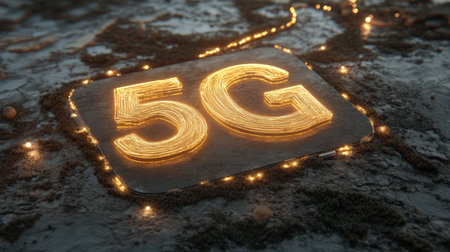 A visually striking 5G symbol illuminated by delicate light trails, set against a textured ground, representing the promise of fast connectivity and digital advancement in telecommunications.の素材