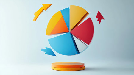Vibrant 3D pie chart showcases modern design elements, symbolizing data analysis and growth through colorful segments and dynamic arrows in a professional setting.の素材