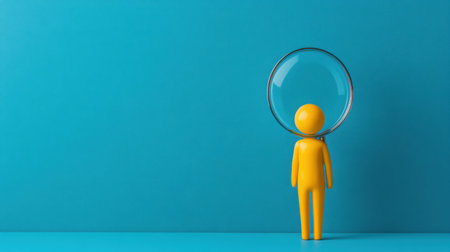A vibrant yellow figure with a large magnifying glass symbolizes curiosity and exploration, set against a bright blue background, creating an engaging and minimalistic design.の素材