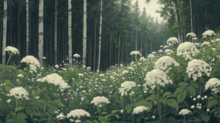 A serene forest scene featuring a vibrant field of white flowers in a lush green clearing, surrounded by tall trees creating a tranquil atmosphere in nature.の素材