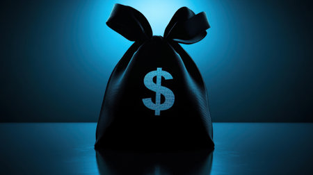 A striking image of a black bag featuring a glowing dollar sign, symbolizing wealth and finance, ideal for concepts related to money management and economic themes.の素材