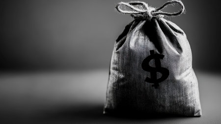 This black and white image features a money bag adorned with a dollar sign, representing themes of finance, savings, and investment concepts in an elegant and minimalist style.の素材