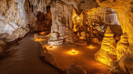 Explore the breathtaking beauty of an underground cave featuring unique stalagmites and stalactites illuminated by soft lighting, creating a mystical atmosphere of adventure and discovery.の素材