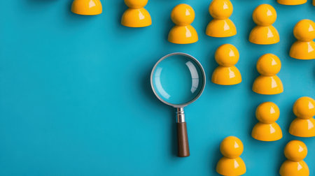 A vibrant scene featuring yellow figures scattered on a blue background, with a magnifying glass emphasizing the importance of focus and analysis in teamwork and strategic decision-making.の素材