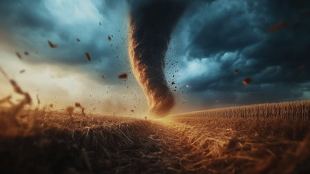 Captivating image of a tornado descending upon an open field, showcasing the raw power of nature under an ominous sky filled with dark storm clouds and swirling debris.の素材