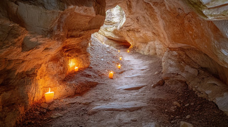 A tranquil cave pathway is lined with soft candlelight, creating a peaceful atmosphere perfect for meditation and reflection in a natural environment.の素材