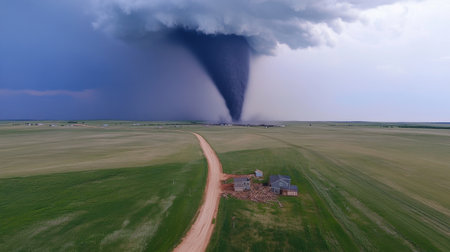 A tornado touches down in a rural area, showcasing the incredible power of nature with swirling clouds and open fields in a captivating aerial perspective.の素材