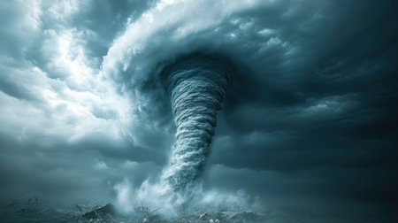 A powerful tornado swirls ominously in a dark sky, showcasing the raw power of nature. The scene captures the devastation left in its wake, surrounded by debris.の素材