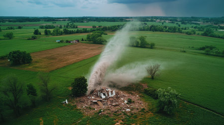 A dramatic aerial shot capturing swirling debris from a tornado above an abandoned house surrounded by lush greenery, illustrating the sheer power and destructive nature of storms in rural settings.の素材