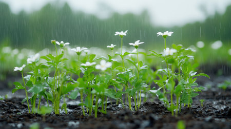 Delicate white flowers and fresh green plants flourish in the rain, showcasing the beauty of nature and the rejuvenation during springtime in a tranquil setting.の素材